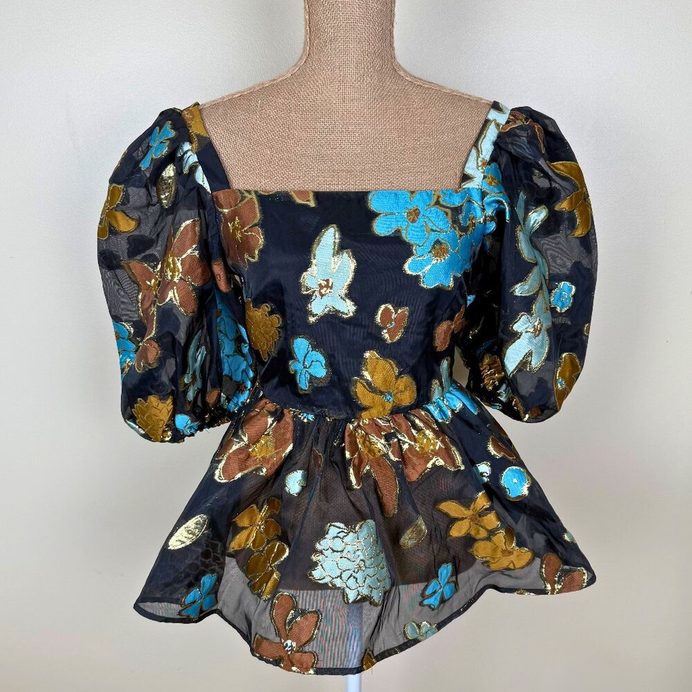 Stine Goya Floral Metallic Puff Sleeve Top